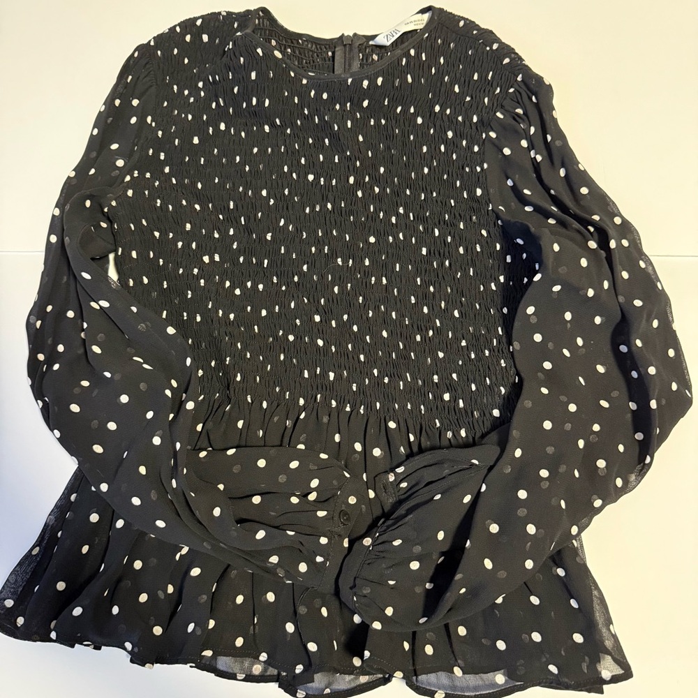 Zara Black & White Polka Dot Smocked Sheer Long Sleeve Blouse Women’s XS